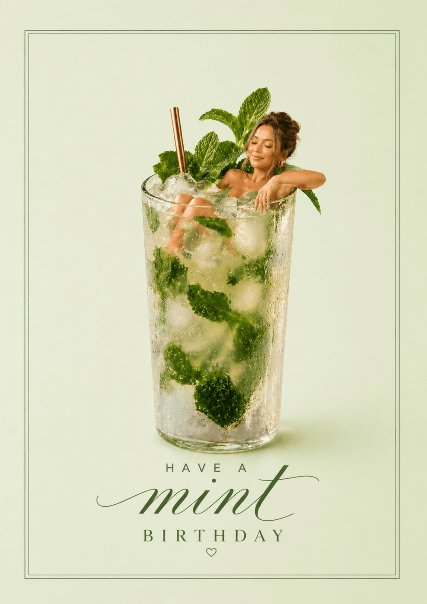 Mint birthday card design with a person relaxing in a mojito glass